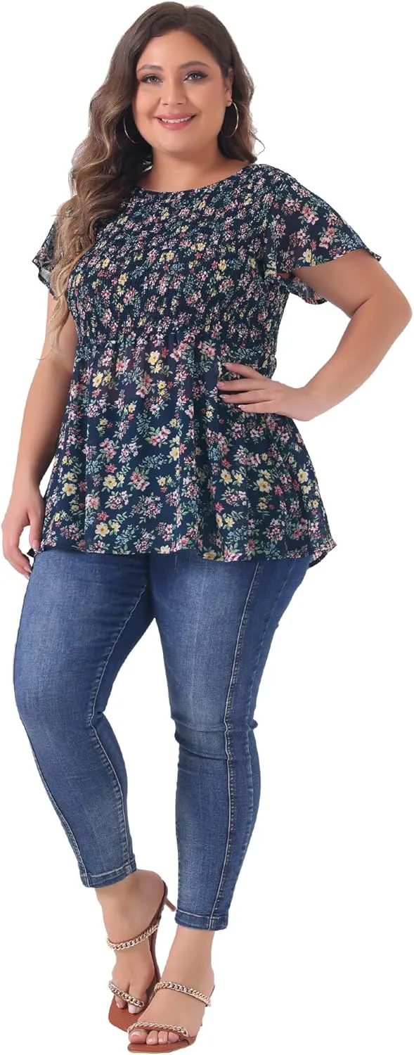 Agnes Orinda Plus Size Chiffon Blouses for Women Summer Flare Short Sleeve Smocked Ditsy Floral Peplum Top