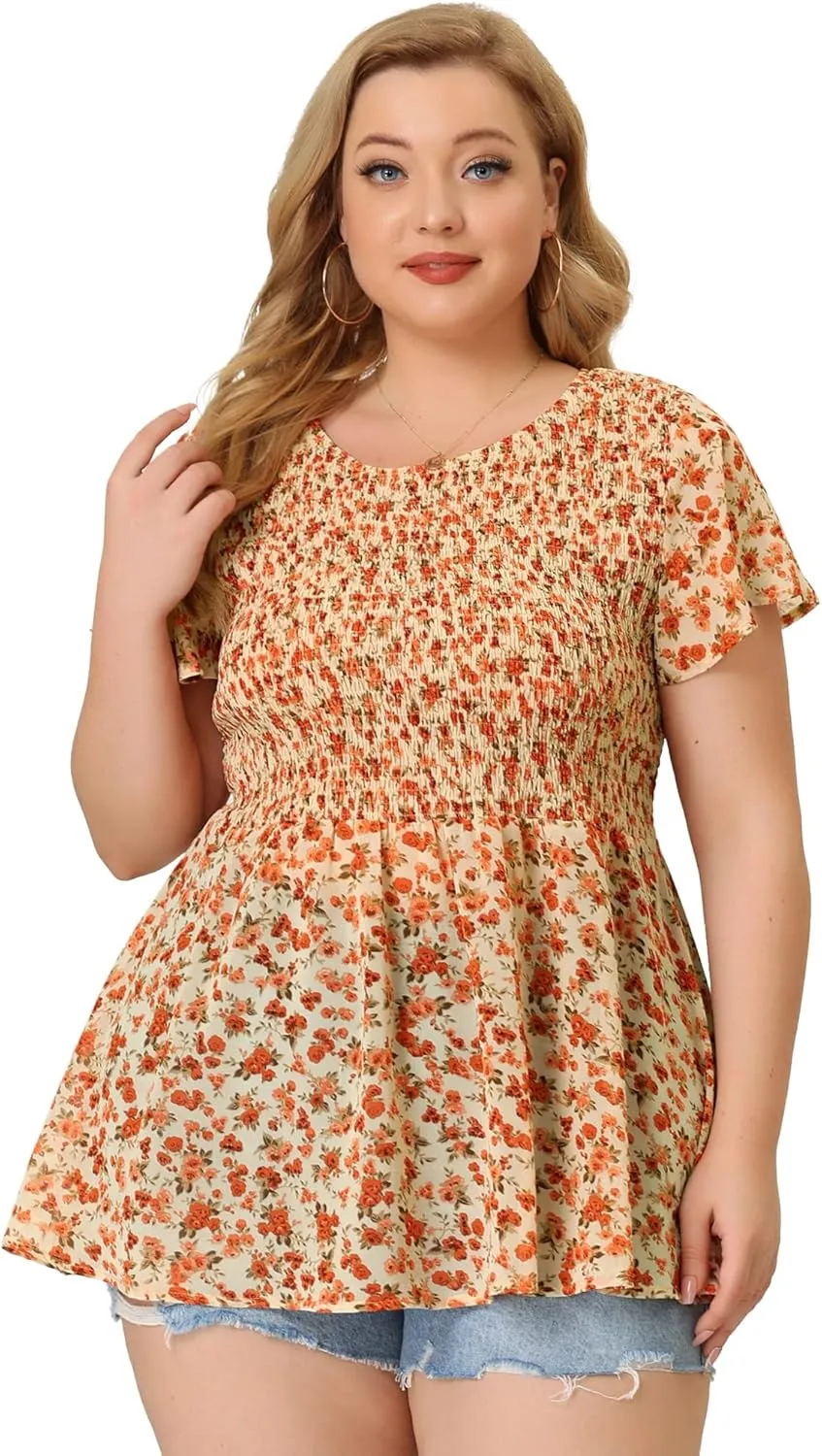 Agnes Orinda Plus Size Chiffon Blouses for Women Summer Flare Short Sleeve Smocked Ditsy Floral Peplum Top