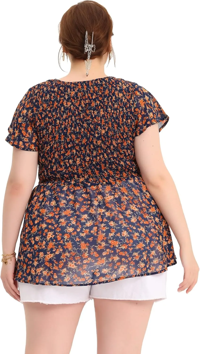 Agnes Orinda Plus Size Chiffon Blouses for Women Summer Flare Short Sleeve Smocked Ditsy Floral Peplum Top