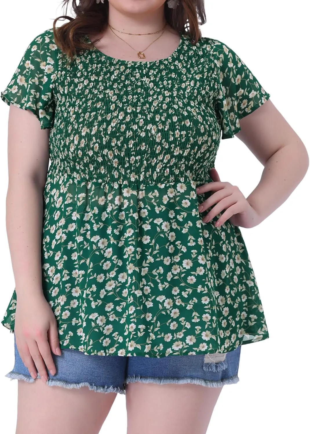 Agnes Orinda Plus Size Chiffon Blouses for Women Summer Flare Short Sleeve Smocked Ditsy Floral Peplum Top