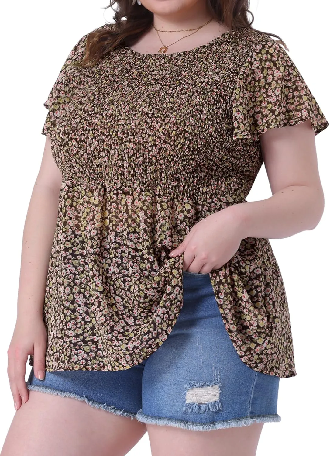 Agnes Orinda Plus Size Chiffon Blouses for Women Summer Flare Short Sleeve Smocked Ditsy Floral Peplum Top