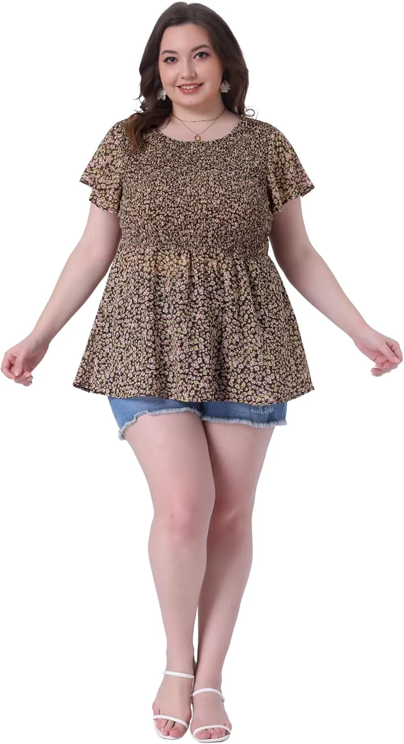 Agnes Orinda Plus Size Chiffon Blouses for Women Summer Flare Short Sleeve Smocked Ditsy Floral Peplum Top