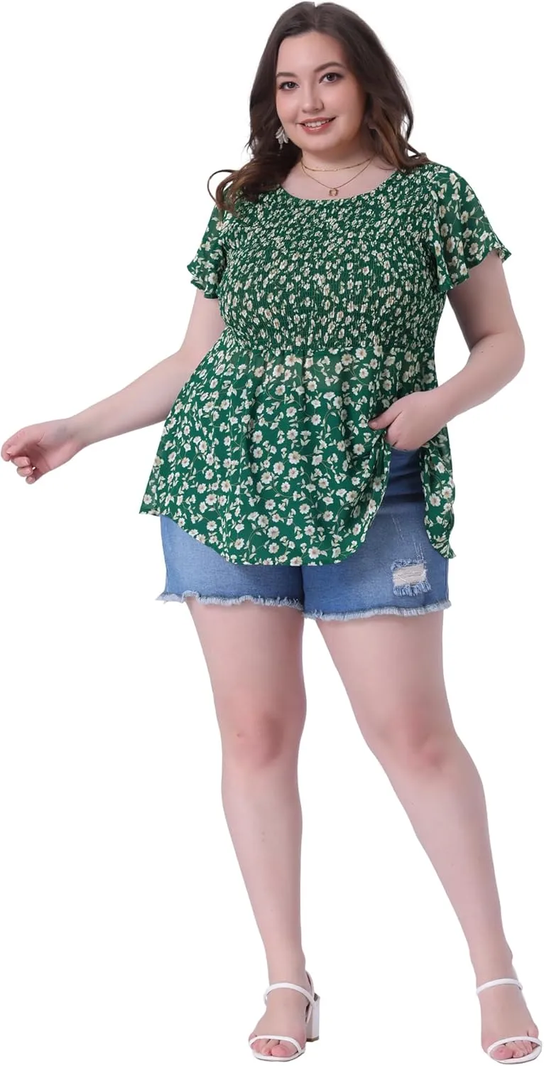 Agnes Orinda Plus Size Chiffon Blouses for Women Summer Flare Short Sleeve Smocked Ditsy Floral Peplum Top