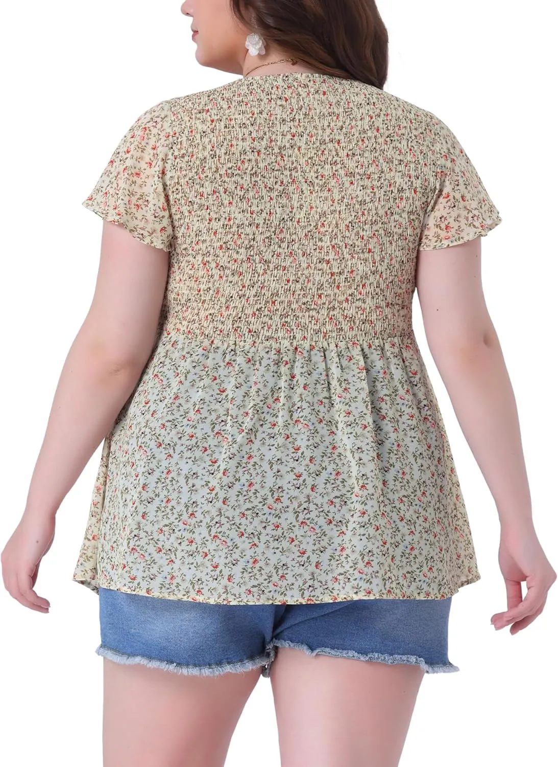 Agnes Orinda Plus Size Chiffon Blouses for Women Summer Flare Short Sleeve Smocked Ditsy Floral Peplum Top