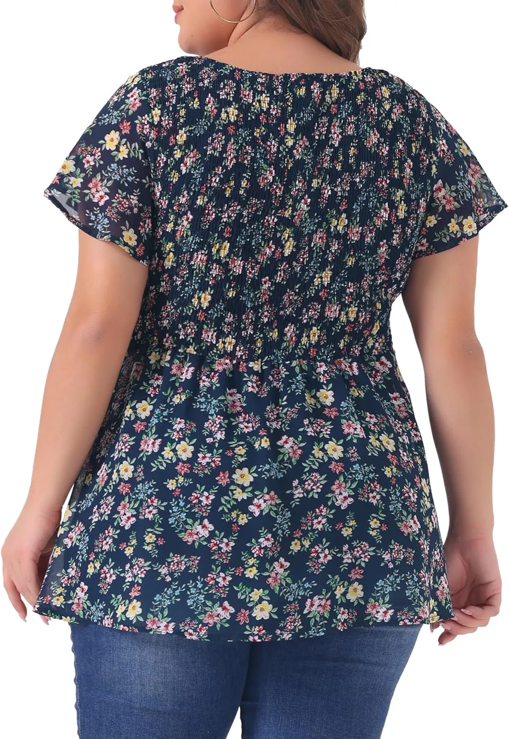 Agnes Orinda Plus Size Chiffon Blouses for Women Summer Flare Short Sleeve Smocked Ditsy Floral Peplum Top