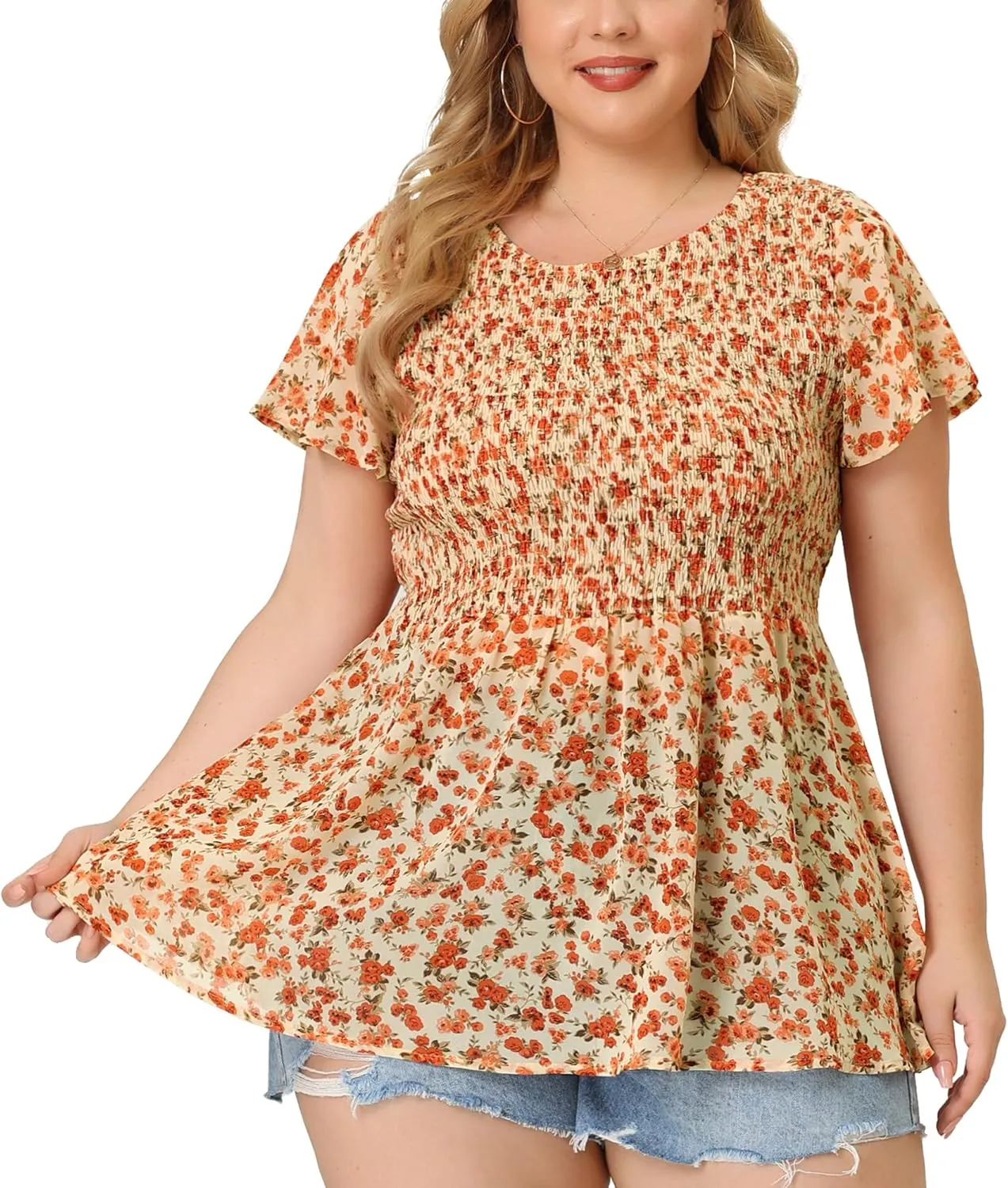 Agnes Orinda Plus Size Chiffon Blouses for Women Summer Flare Short Sleeve Smocked Ditsy Floral Peplum Top