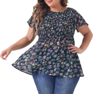 Agnes Orinda Plus Size Chiffon Blouses for Women Summer Flare Short Sleeve Smocked Ditsy Floral Peplum Top