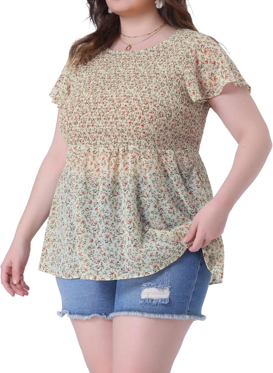 Agnes Orinda Plus Size Chiffon Blouses for Women Summer Flare Short Sleeve Smocked Ditsy Floral Peplum Top
