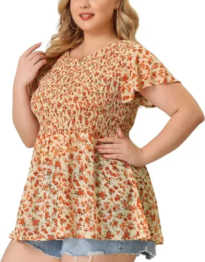 Agnes Orinda Plus Size Chiffon Blouses for Women Summer Flare Short Sleeve Smocked Ditsy Floral Peplum Top