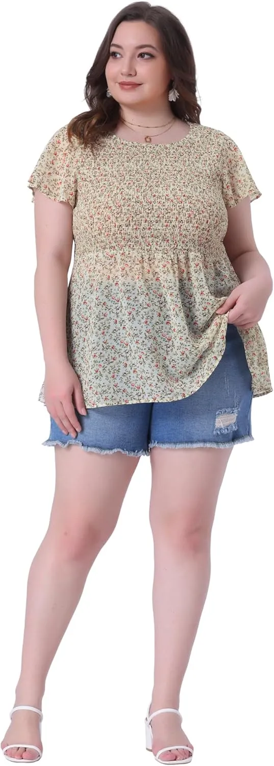 Agnes Orinda Plus Size Chiffon Blouses for Women Summer Flare Short Sleeve Smocked Ditsy Floral Peplum Top
