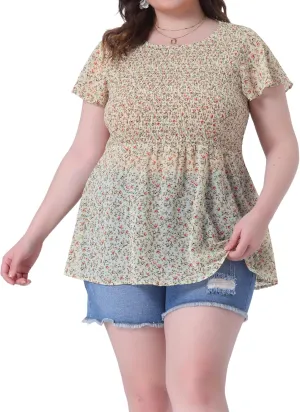 Agnes Orinda Plus Size Chiffon Blouses for Women Summer Flare Short Sleeve Smocked Ditsy Floral Peplum Top
