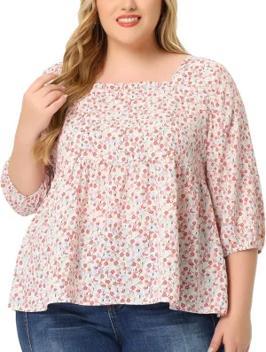 Agnes Orinda Plus Size Dressy Blouses for Women 3/4 Sleeve Floral Peplum Babydoll Tops