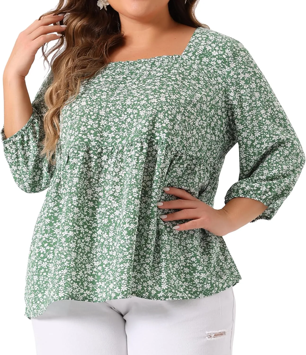 Agnes Orinda Plus Size Dressy Blouses for Women 3/4 Sleeve Floral Peplum Babydoll Tops