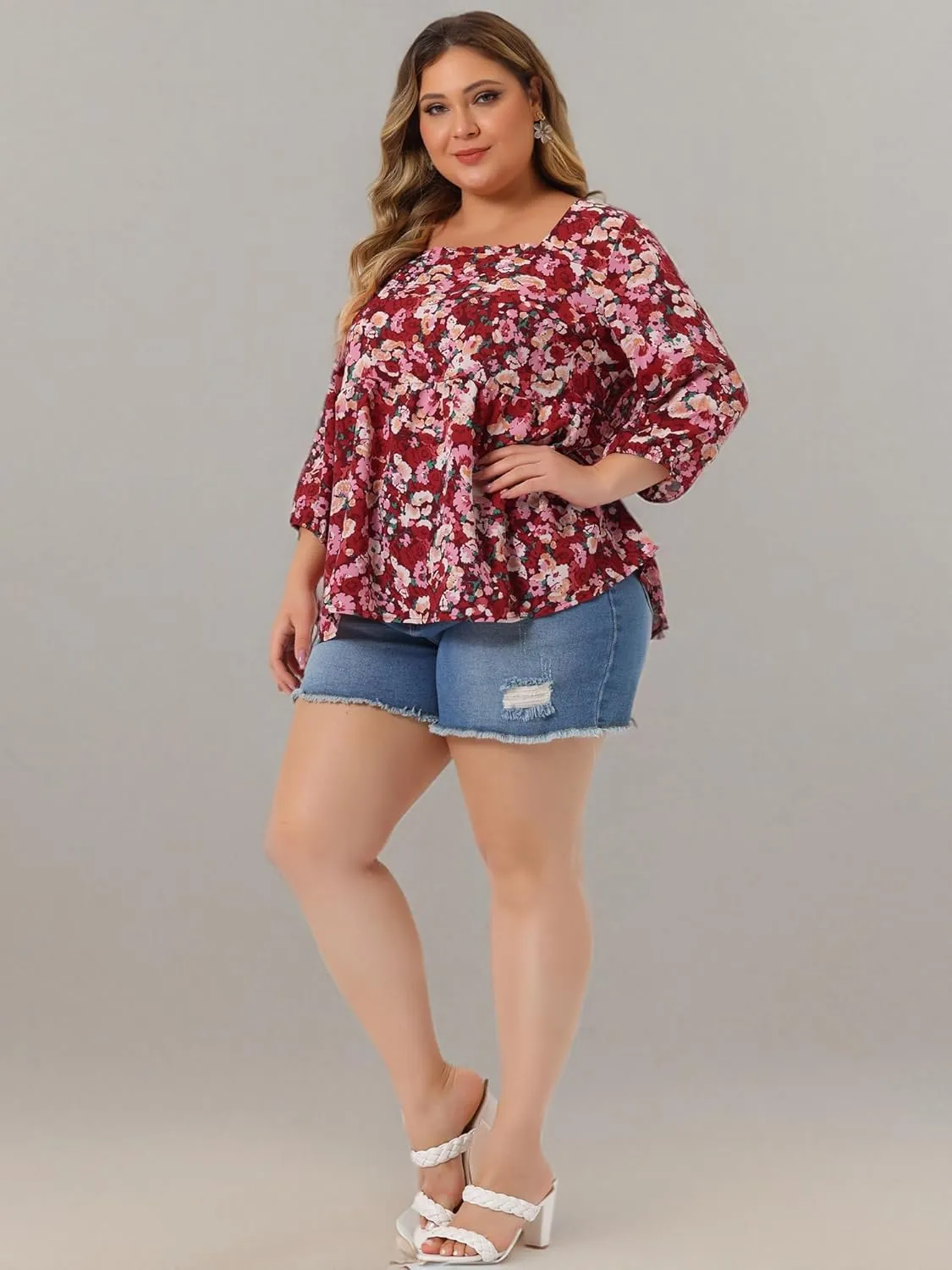 Agnes Orinda Plus Size Dressy Blouses for Women 3/4 Sleeve Floral Peplum Babydoll Tops