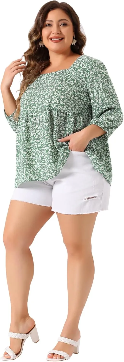 Agnes Orinda Plus Size Dressy Blouses for Women 3/4 Sleeve Floral Peplum Babydoll Tops