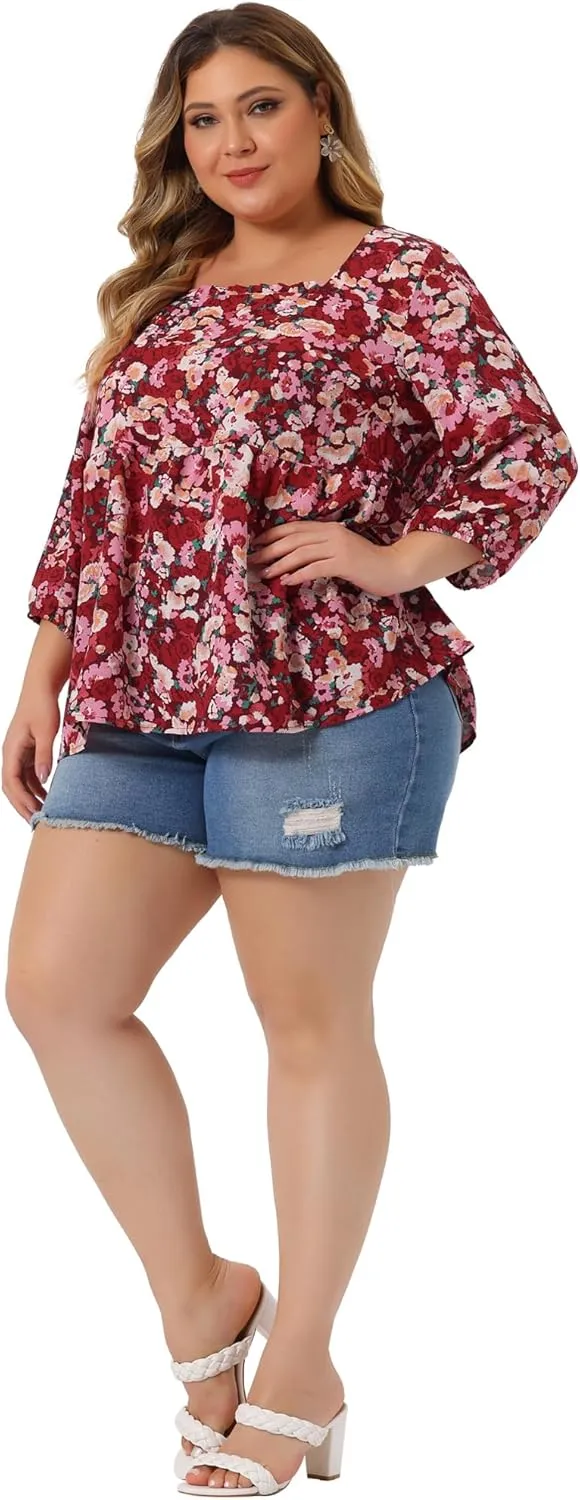 Agnes Orinda Plus Size Dressy Blouses for Women 3/4 Sleeve Floral Peplum Babydoll Tops