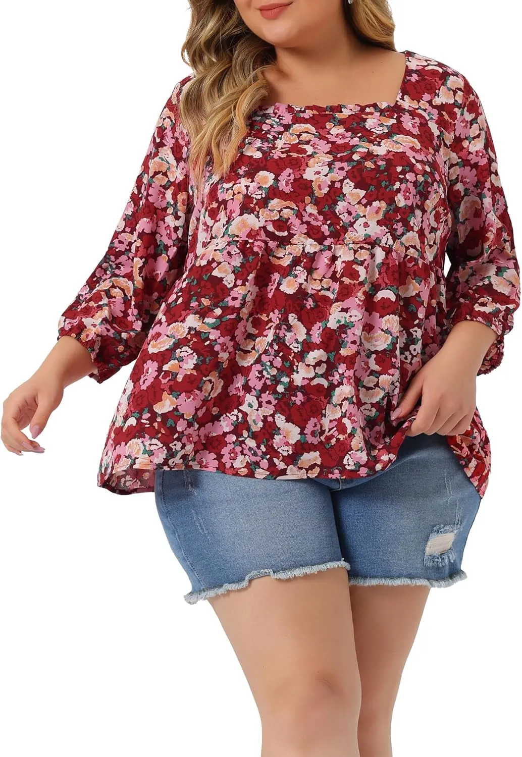 Agnes Orinda Plus Size Dressy Blouses for Women 3/4 Sleeve Floral Peplum Babydoll Tops