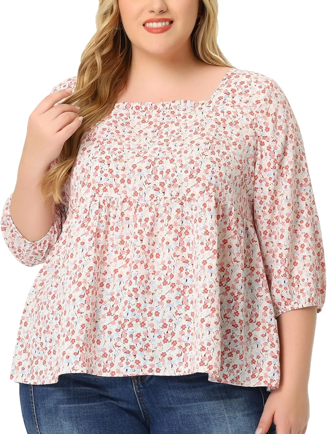 Agnes Orinda Plus Size Dressy Blouses for Women 3/4 Sleeve Floral Peplum Babydoll Tops
