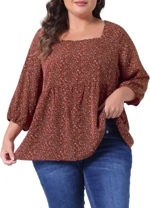 Agnes Orinda Plus Size Dressy Blouses for Women 3/4 Sleeve Floral Peplum Babydoll Tops