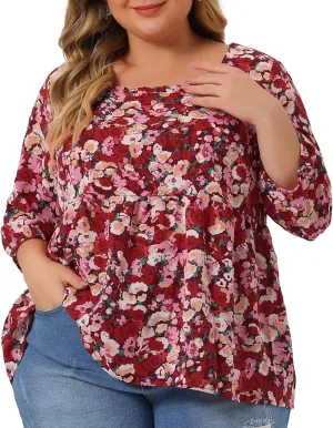 Agnes Orinda Plus Size Dressy Blouses for Women 3/4 Sleeve Floral Peplum Babydoll Tops