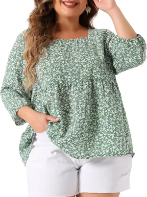 Agnes Orinda Plus Size Dressy Blouses for Women 3/4 Sleeve Floral Peplum Babydoll Tops
