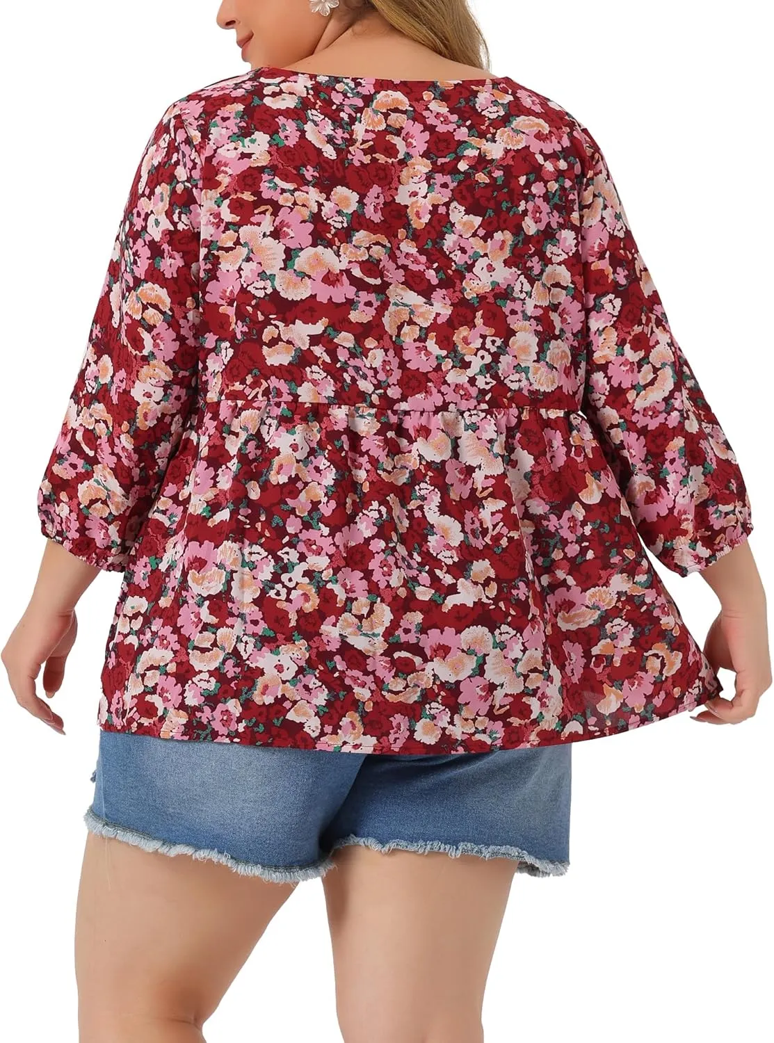 Agnes Orinda Plus Size Dressy Blouses for Women 3/4 Sleeve Floral Peplum Babydoll Tops