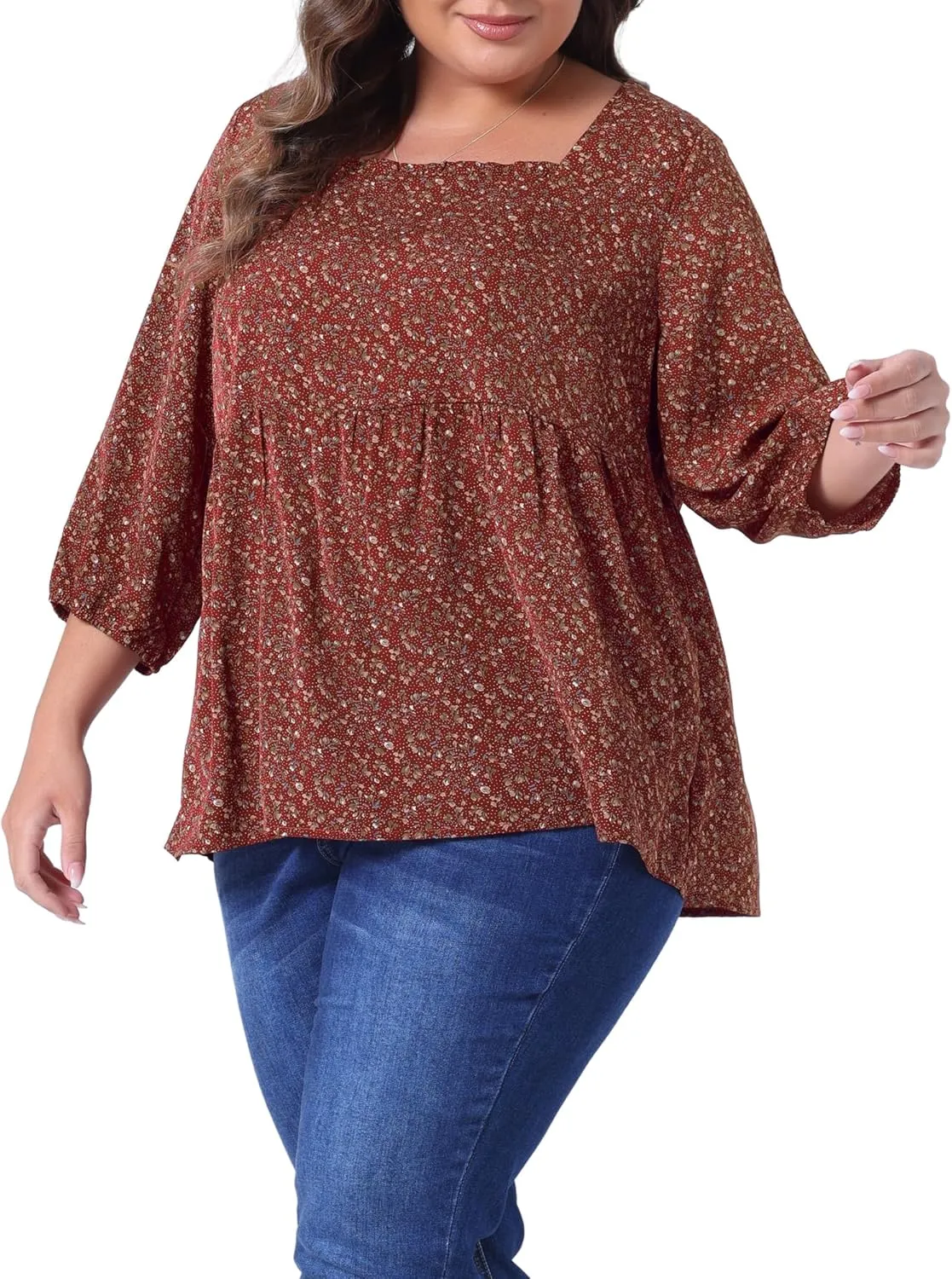 Agnes Orinda Plus Size Dressy Blouses for Women 3/4 Sleeve Floral Peplum Babydoll Tops