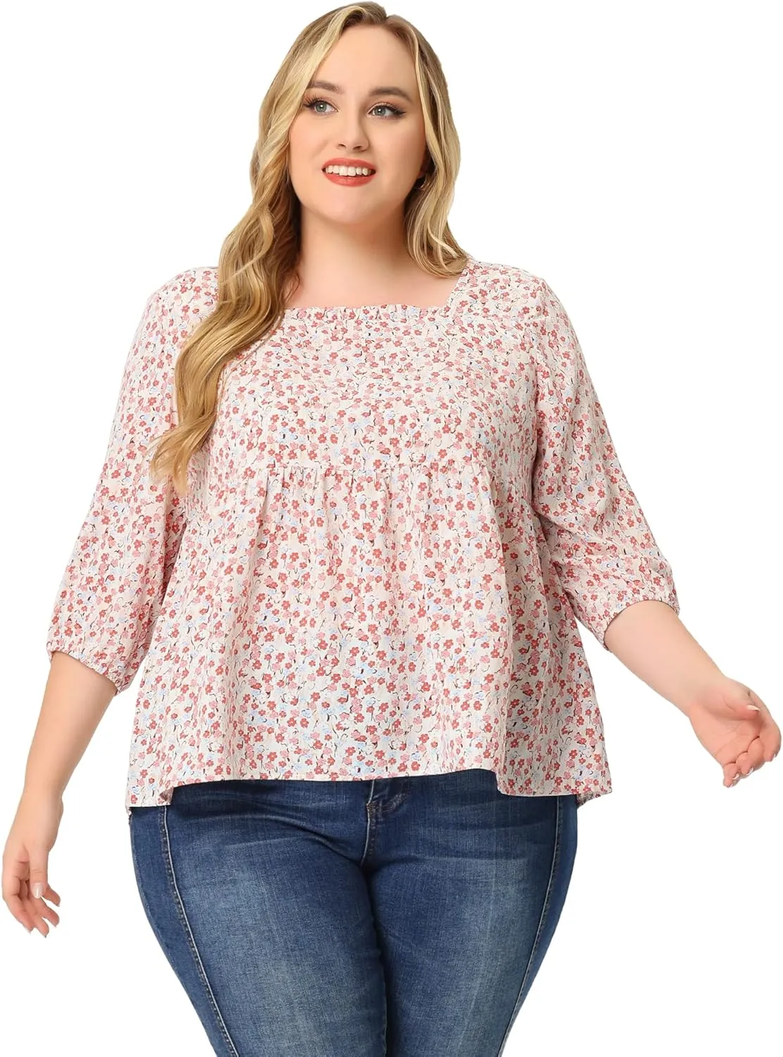 Agnes Orinda Plus Size Dressy Blouses for Women 3/4 Sleeve Floral Peplum Babydoll Tops