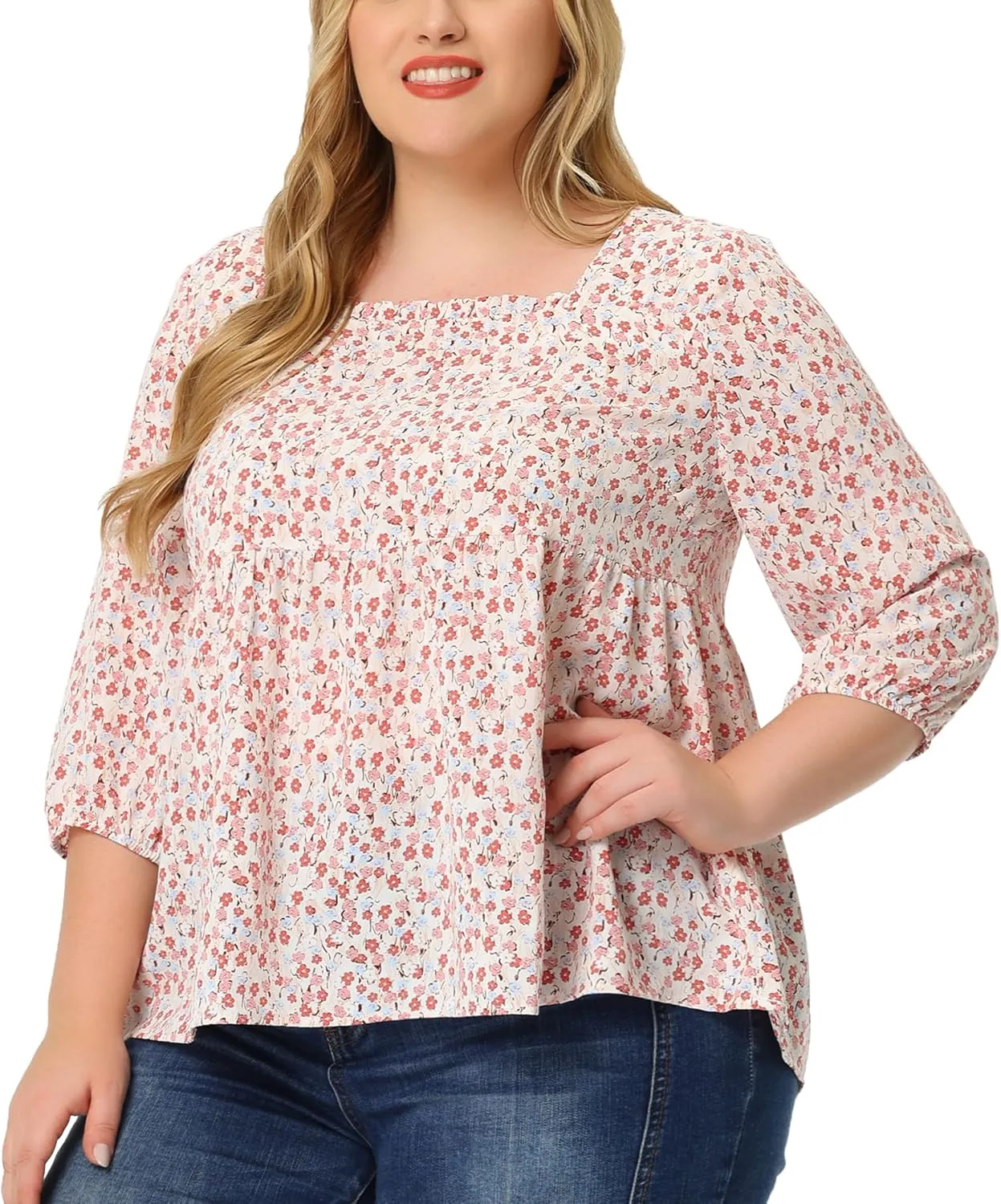 Agnes Orinda Plus Size Dressy Blouses for Women 3/4 Sleeve Floral Peplum Babydoll Tops