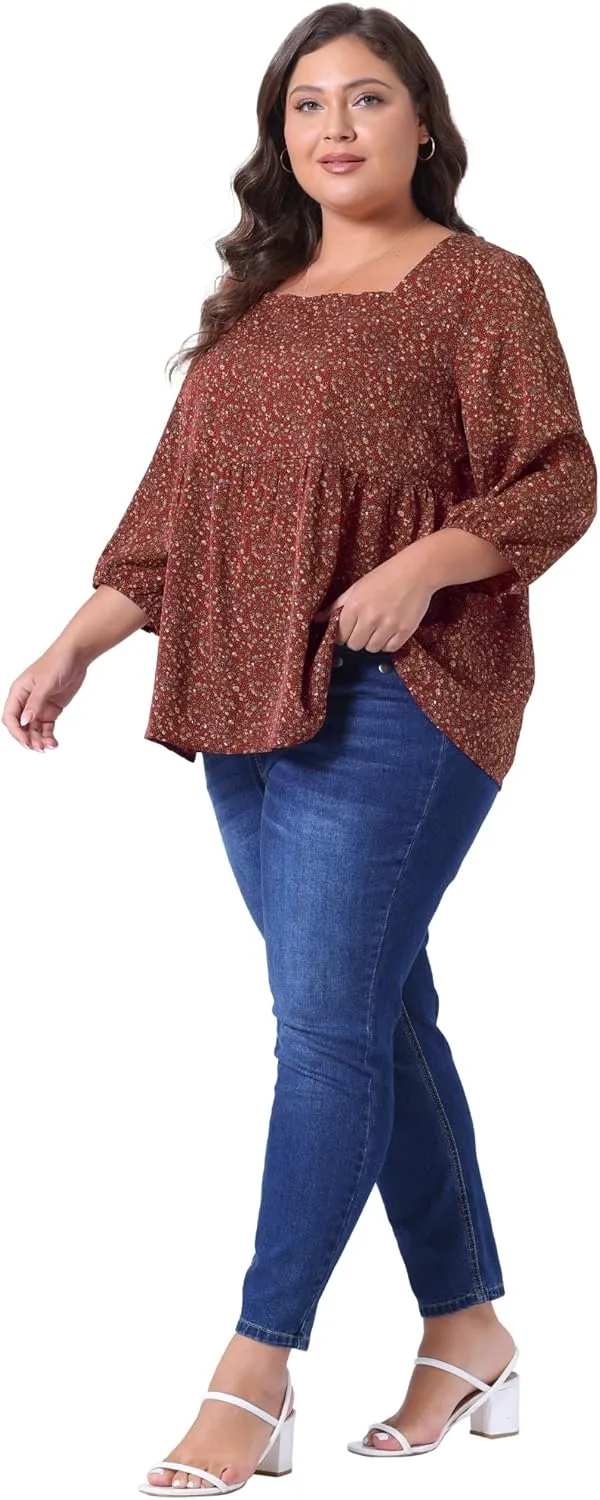 Agnes Orinda Plus Size Dressy Blouses for Women 3/4 Sleeve Floral Peplum Babydoll Tops