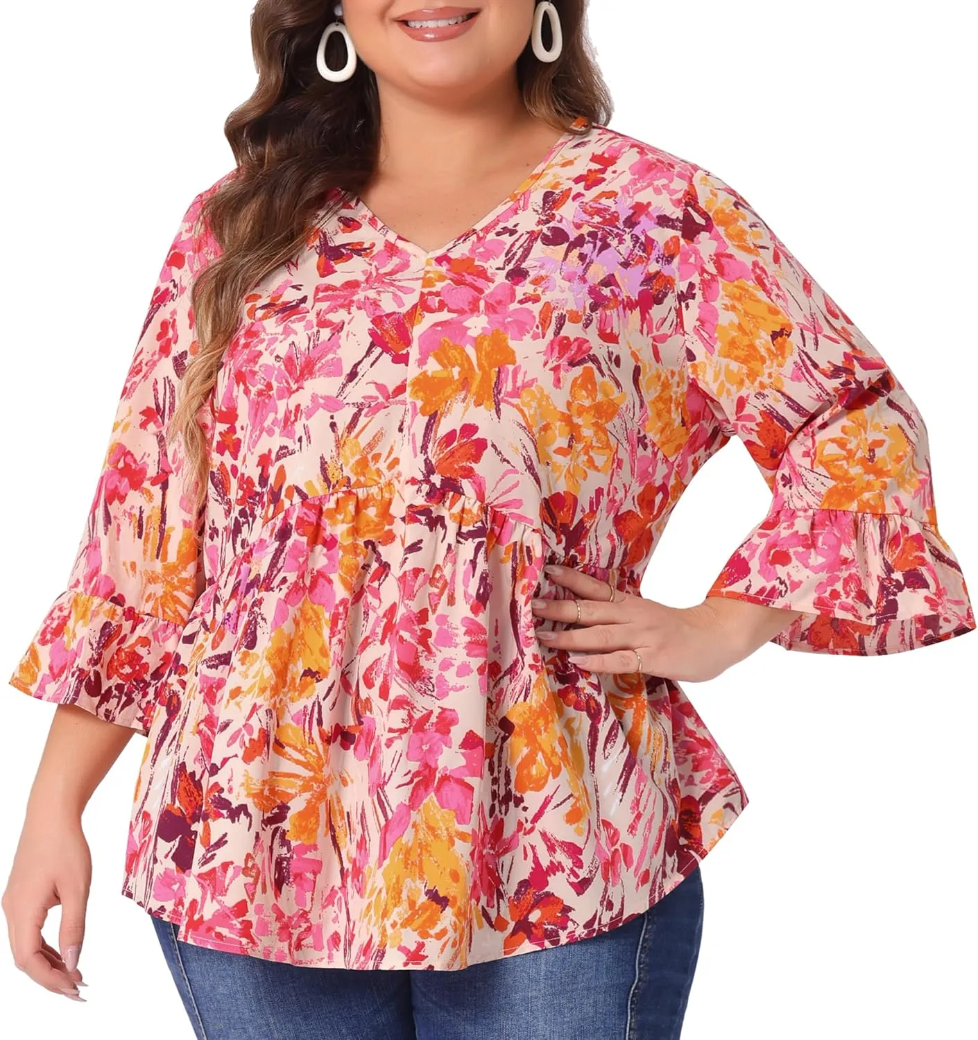 Agnes Orinda Plus Size Floral Blouses for Women V Neck Ruffle 3/4 Sleeve Babydoll Peplum Tops