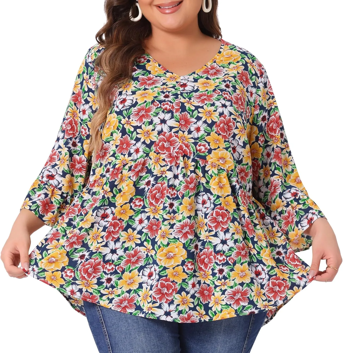 Agnes Orinda Plus Size Floral Blouses for Women V Neck Ruffle 3/4 Sleeve Babydoll Peplum Tops
