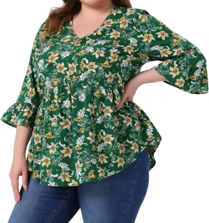 Agnes Orinda Plus Size Floral Blouses for Women V Neck Ruffle 3/4 Sleeve Babydoll Peplum Tops