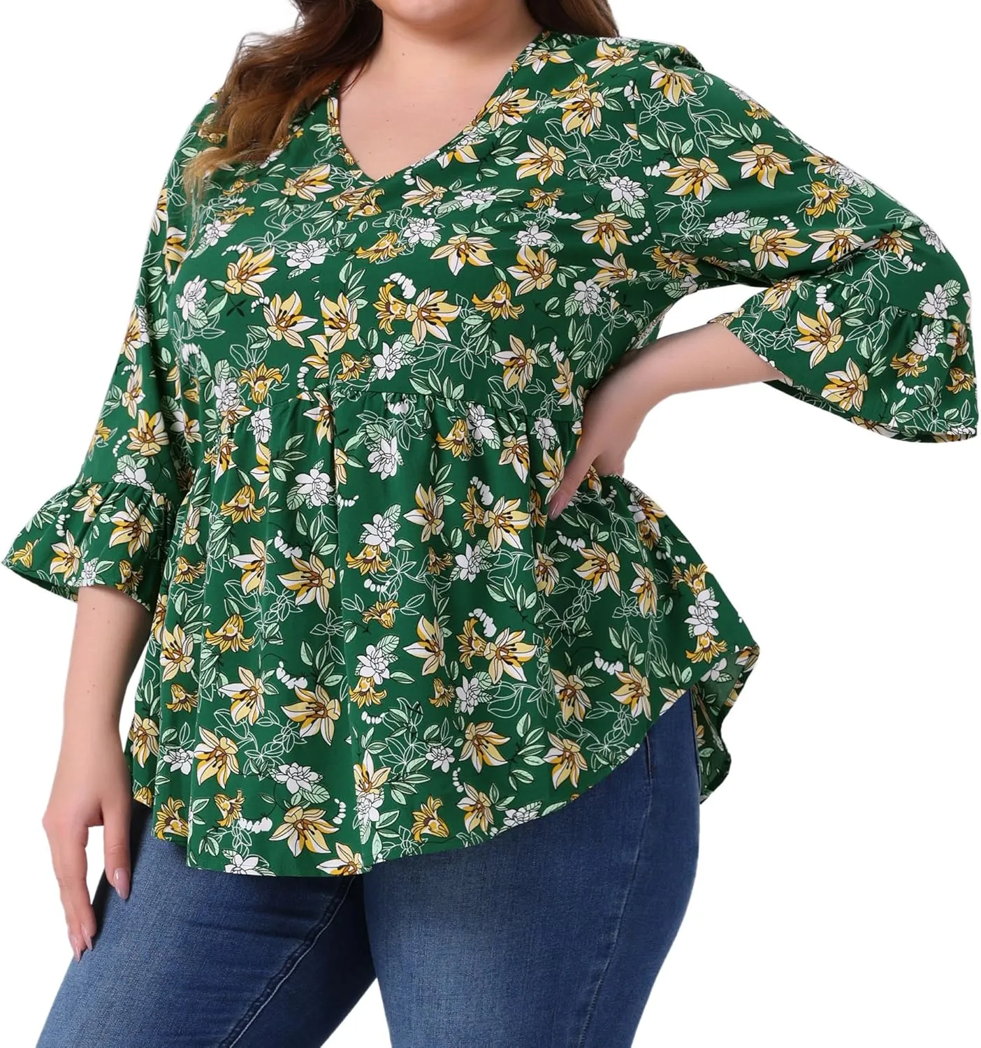 Agnes Orinda Plus Size Floral Blouses for Women V Neck Ruffle 3/4 Sleeve Babydoll Peplum Tops