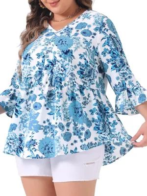 Agnes Orinda Plus Size Floral Blouses for Women V Neck Ruffle 3/4 Sleeve Babydoll Peplum Tops