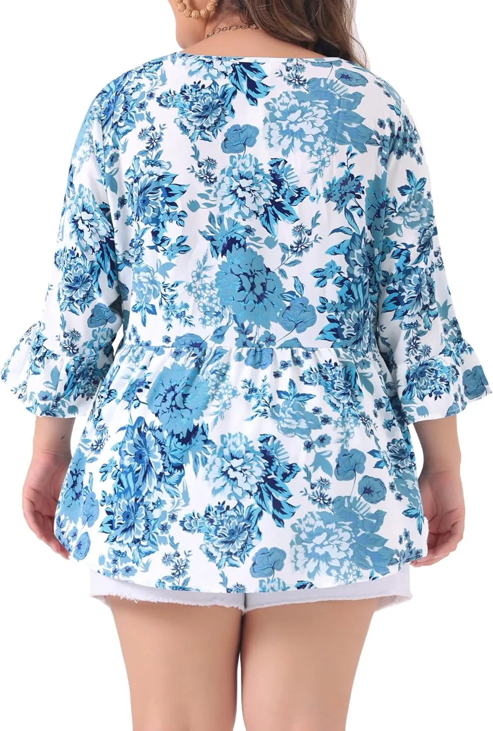 Agnes Orinda Plus Size Floral Blouses for Women V Neck Ruffle 3/4 Sleeve Babydoll Peplum Tops