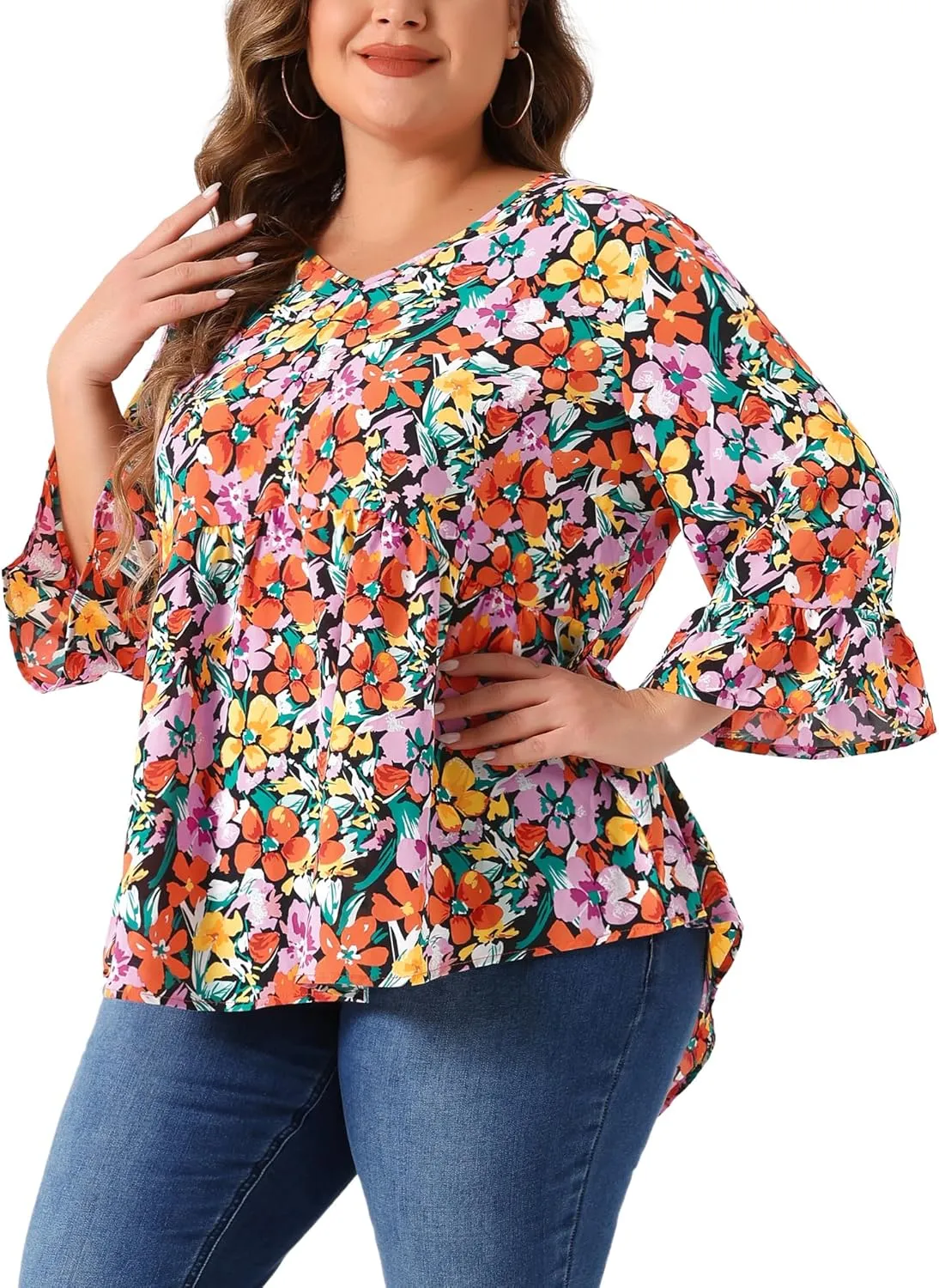 Agnes Orinda Plus Size Floral Blouses for Women V Neck Ruffle 3/4 Sleeve Babydoll Peplum Tops