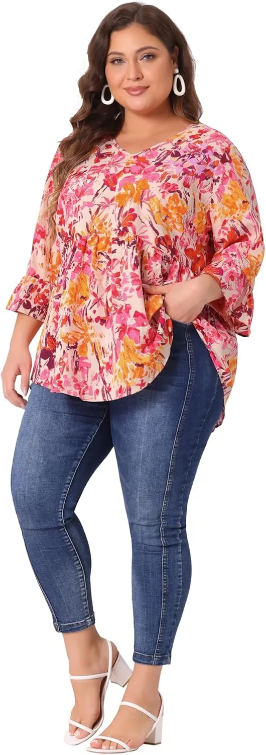 Agnes Orinda Plus Size Floral Blouses for Women V Neck Ruffle 3/4 Sleeve Babydoll Peplum Tops