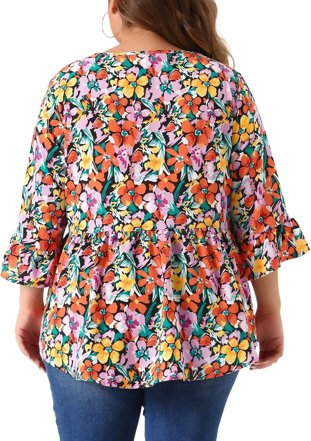 Agnes Orinda Plus Size Floral Blouses for Women V Neck Ruffle 3/4 Sleeve Babydoll Peplum Tops
