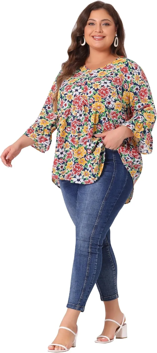 Agnes Orinda Plus Size Floral Blouses for Women V Neck Ruffle 3/4 Sleeve Babydoll Peplum Tops