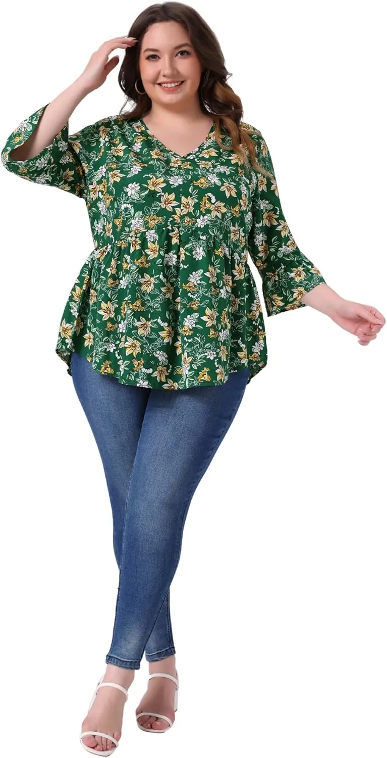 Agnes Orinda Plus Size Floral Blouses for Women V Neck Ruffle 3/4 Sleeve Babydoll Peplum Tops