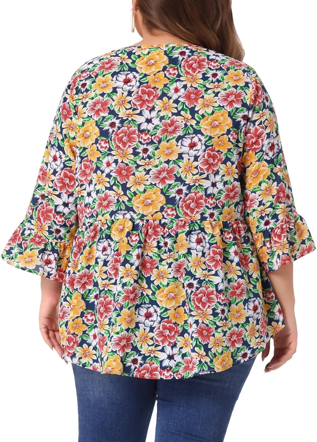 Agnes Orinda Plus Size Floral Blouses for Women V Neck Ruffle 3/4 Sleeve Babydoll Peplum Tops