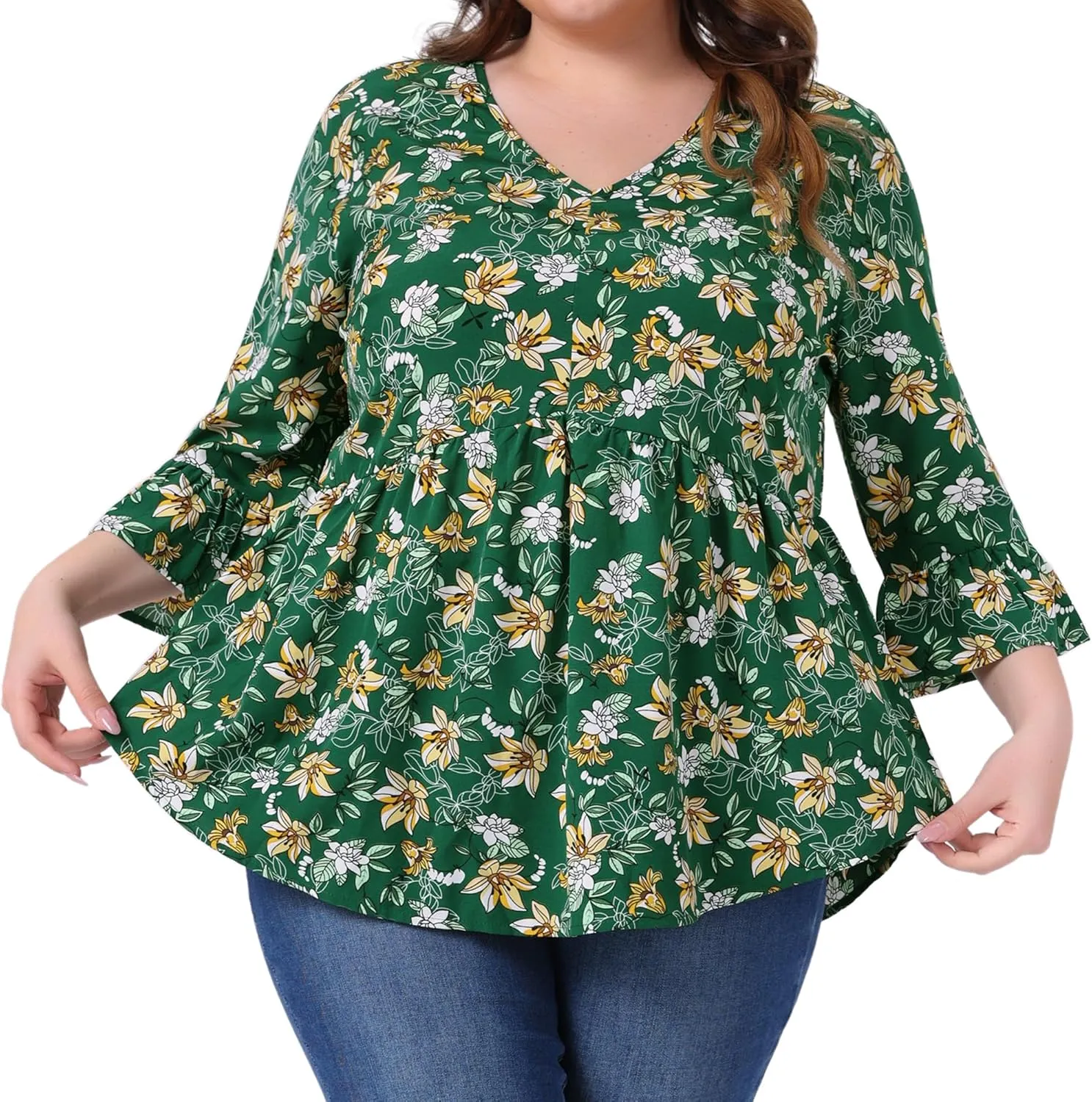 Agnes Orinda Plus Size Floral Blouses for Women V Neck Ruffle 3/4 Sleeve Babydoll Peplum Tops