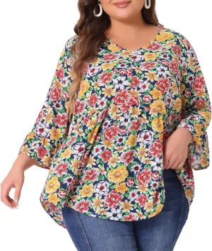 Agnes Orinda Plus Size Floral Blouses for Women V Neck Ruffle 3/4 Sleeve Babydoll Peplum Tops