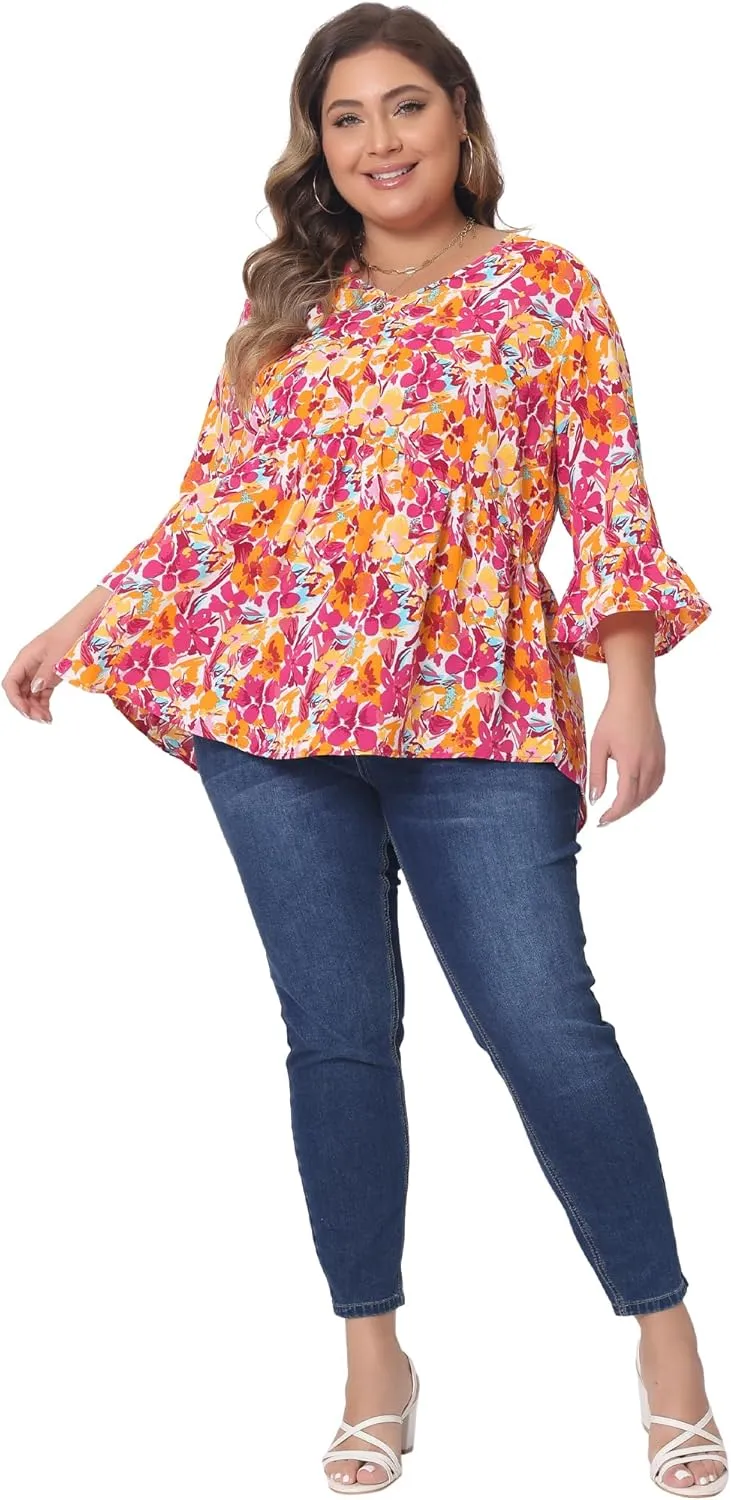 Agnes Orinda Plus Size Floral Blouses for Women V Neck Ruffle 3/4 Sleeve Babydoll Peplum Tops
