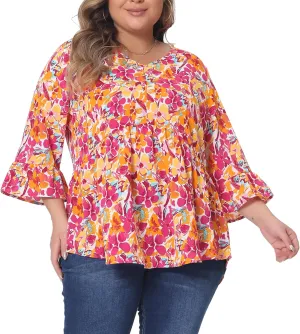 Agnes Orinda Plus Size Floral Blouses for Women V Neck Ruffle 3/4 Sleeve Babydoll Peplum Tops