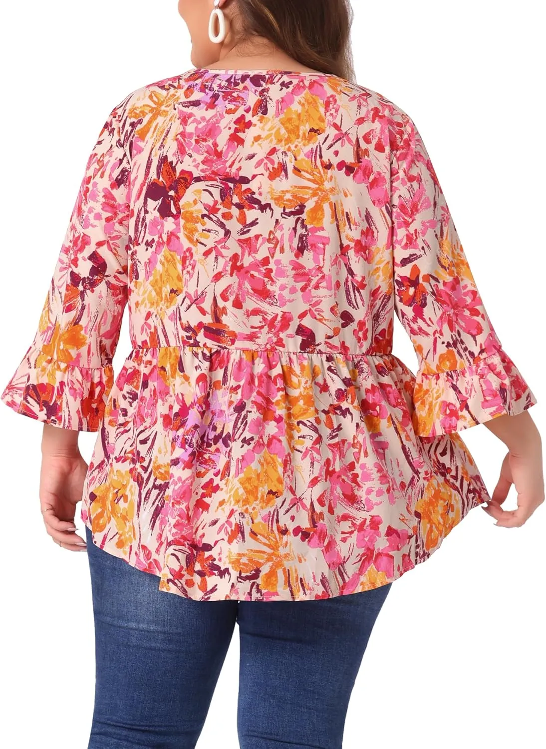 Agnes Orinda Plus Size Floral Blouses for Women V Neck Ruffle 3/4 Sleeve Babydoll Peplum Tops