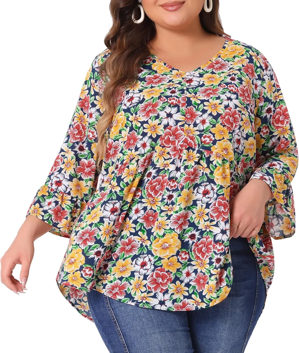 Agnes Orinda Plus Size Floral Blouses for Women V Neck Ruffle 3/4 Sleeve Babydoll Peplum Tops