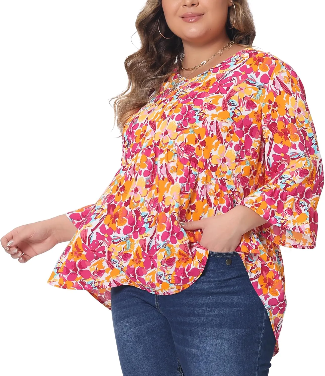 Agnes Orinda Plus Size Floral Blouses for Women V Neck Ruffle 3/4 Sleeve Babydoll Peplum Tops