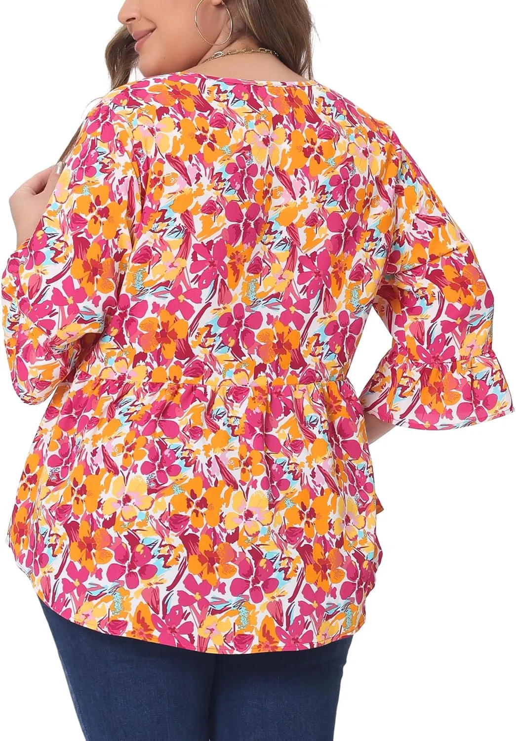 Agnes Orinda Plus Size Floral Blouses for Women V Neck Ruffle 3/4 Sleeve Babydoll Peplum Tops